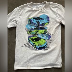 Place Kids' White T-Shirt with Colorful Car Graphics